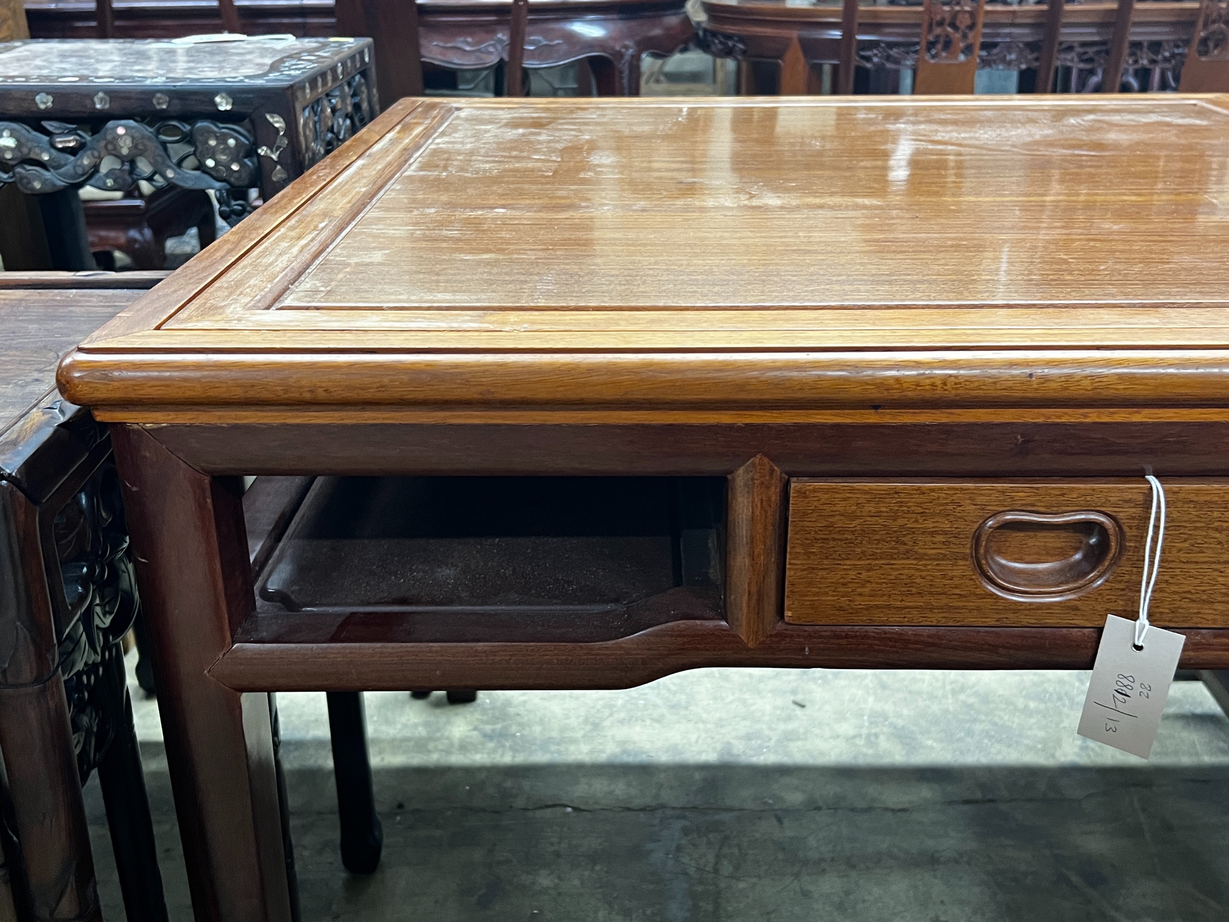 A Chinese square padouk wood four drawer gaming table, width 91cm, height 73cm
